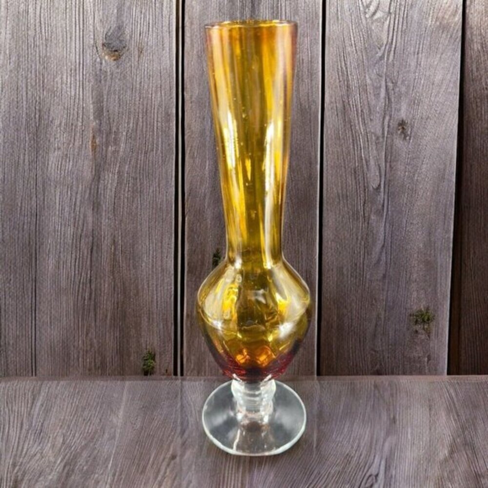 Mid Century Amber Optic Swirl Glass Vase Clear Pedestal‎ Base Vintage Glass Vase